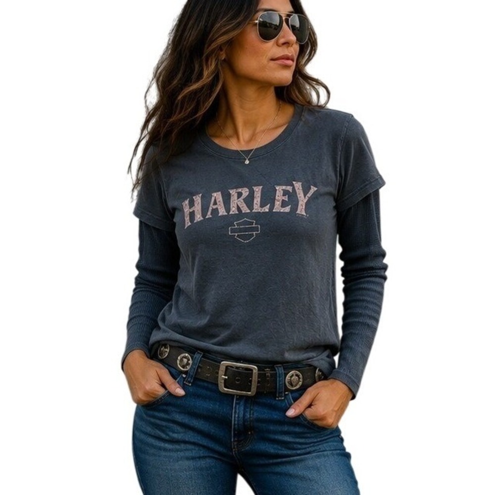 Harley Davidson Womens XL Layered Thermal Long Sleeve Graphic Tee Charcoal Gray